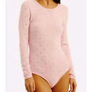 Ronny Kobo Chani Bodysuit Baby Pink Rhinestone Long Sleeve Knit Stretch XSmall
